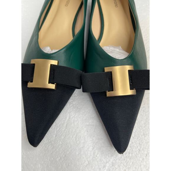 C. Paravano womens Pointed Toe Metal Tie Flats size 41 Green/ Black Leather New - Picture 9 of 11